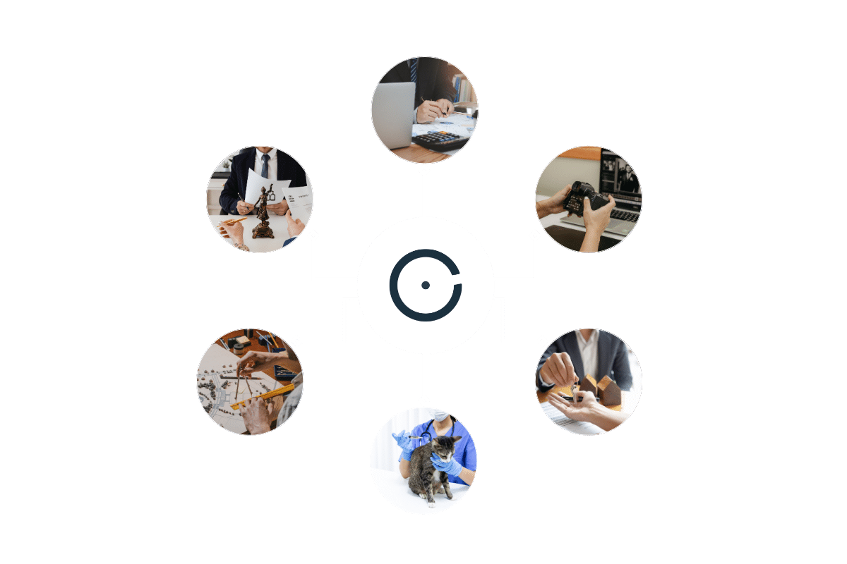 Mosaïque de six métiers indépendants, avocat, architecte, comptable, photographe, agent immobilier et vétérinaire, réunis autour du logo ÉvidenceWP.