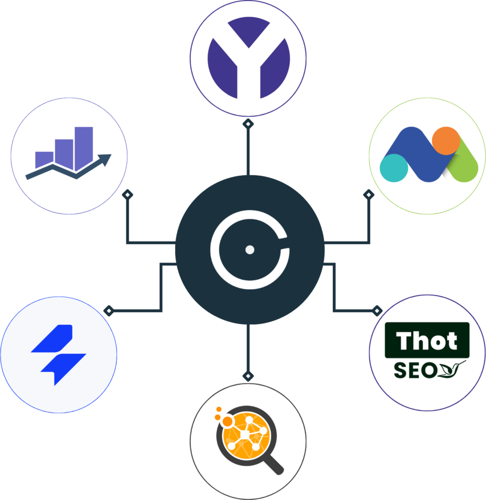 Montage avec 6 bulles d'image représentant YourText.guru, Matomo Analytics, Thot SEO, SEObserver, SE Ranking et Rank Math autour d'une bulle centrale contenant le logo d'ÉvidenceWP.