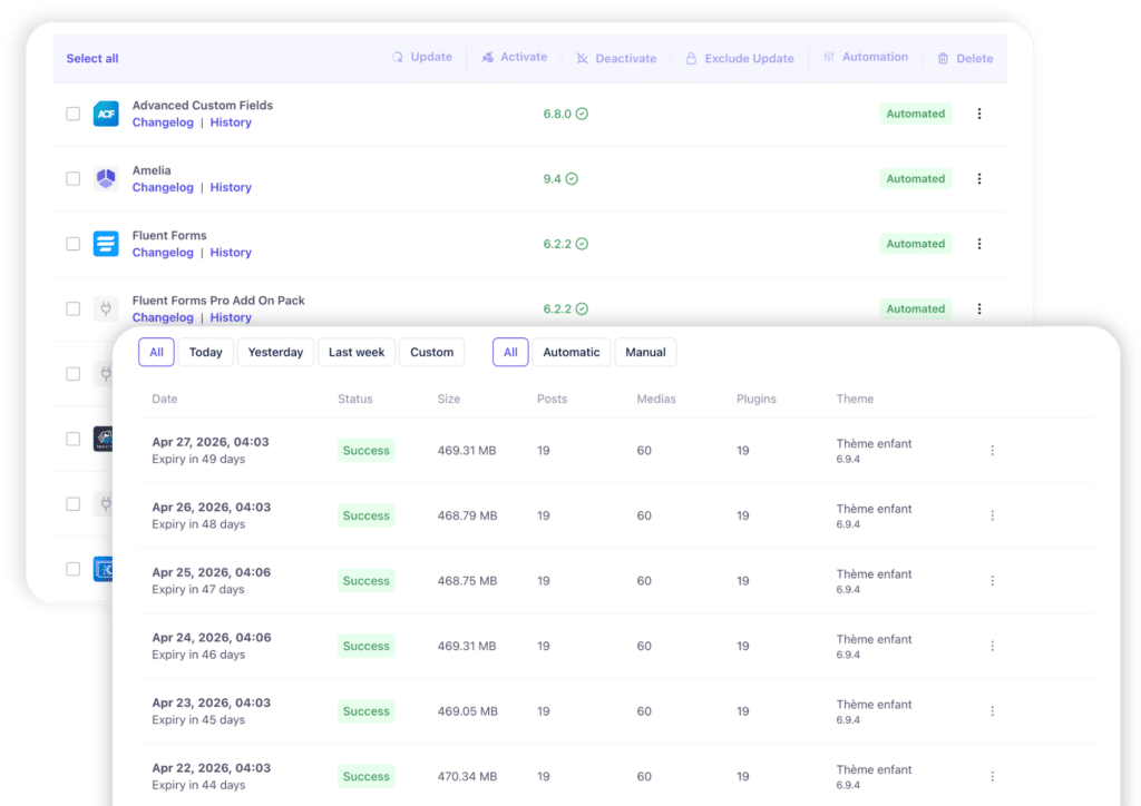 Captures d'écran de l'outil de maintenance WP Umbrella, montrant une fenêtre avec les extensions installées sur le site et une autre fenêtre avec les sauvegardes réalisées et leur fréquence.