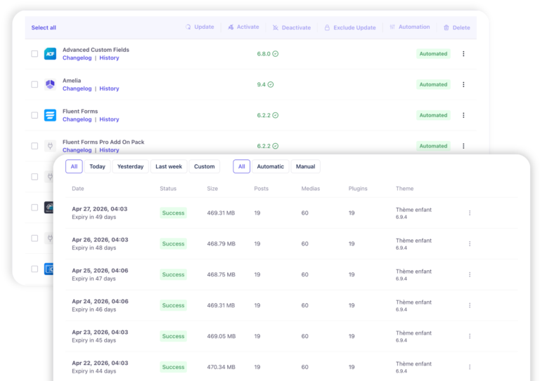 Captures d'écran de l'outil de maintenance WP Umbrella, montrant une fenêtre avec les extensions installées sur le site et une autre fenêtre avec les sauvegardes réalisées et leur fréquence.
